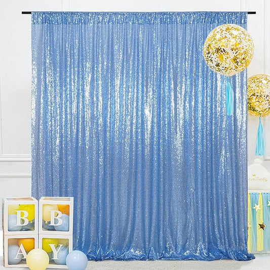 SquarePie Sequin Backdrop 8FT x 8FT Baby Blue Curtain Background for Wedding Party Decoration