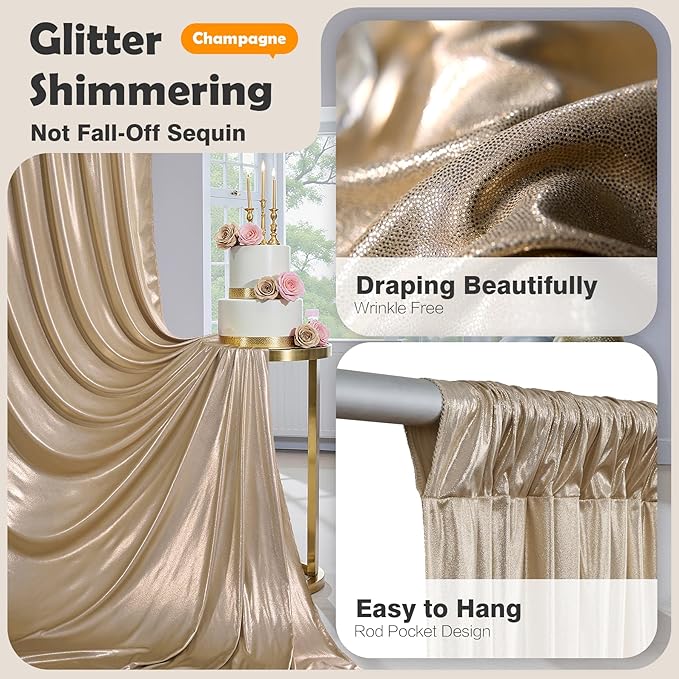 20x10 Champagne Sequin Backdrop Curtain with Lights-Wrinkle Free Thick Glitter Backdrop Drapes for Wedding Parties Events Halloween Decor-4 Panels 5×10ft Shimmer Photo Booth Background for Photography