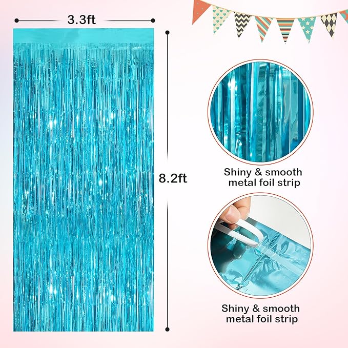 Sky Blue Metallic Tinsel Foil Fringe Curtain, 2 Pack 3.3x8.3 Feet Party Streamer for Birthday Party Decorations, Halloween Decor, Foil Curtain for Bachelorette Party