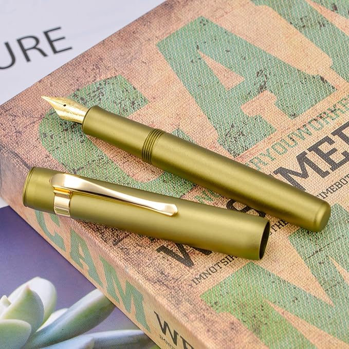 HONG DIAN M2 Black Forest Mini Fountain Pen, Long Blade Nib & Sleek Shape Aluminium Short Pocket Travel Pen (Olive Green)