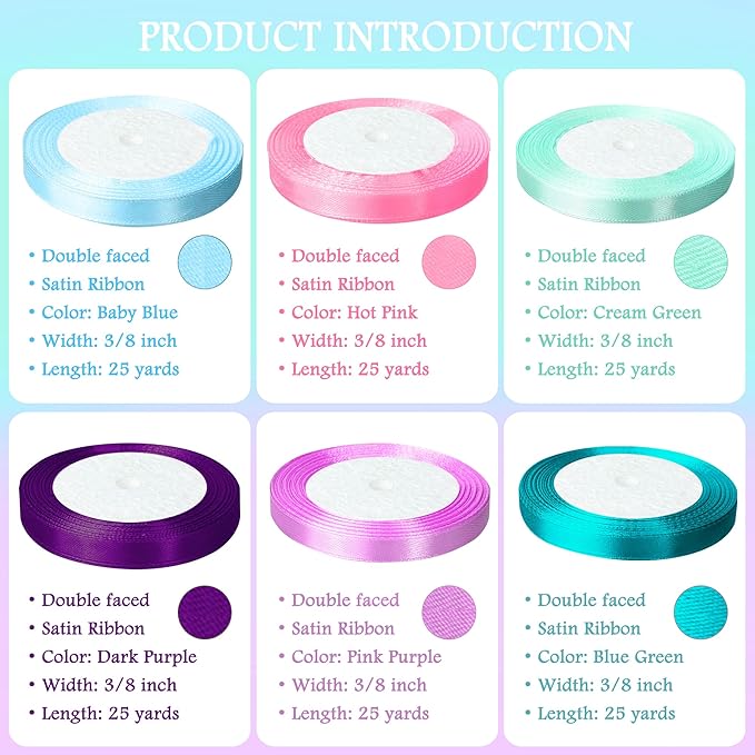 3/8" 6 Colors X 25 Yards Pink Green Blue Satin Ribbon,150 Yards Assorted Colors Satin Ribbons for Flower Bouquet,Ribbons for Gift Wrapping Happy Birthday Party Decorations