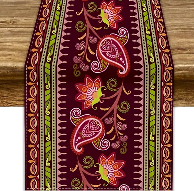 Dark Red Paisley Table Runner, Vintage Boho Paisley Flowers Geometric Print Table Cover for Farmhouse Wedding Party Home Kitchen Dining Table, 13x36inch