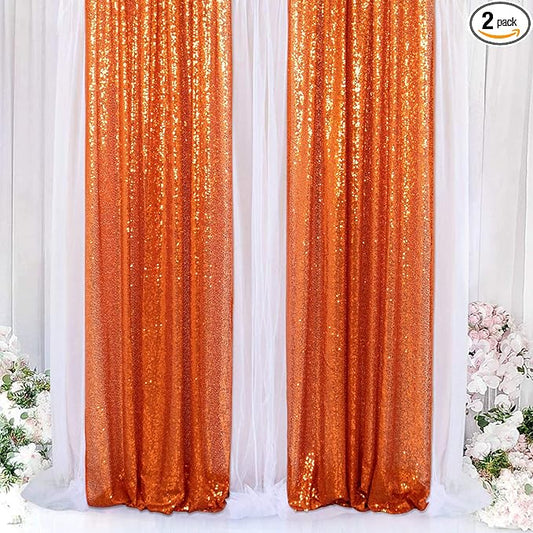 ShinyBeauty Orange Sequin Backdrop Curtains 2 Panels 2FTx8FT Orange Sparkly Sequin Photo Background Shimmer Backdrop Curtains for Party Glitter Curtains Halloween Backdrop Studio Backgrounds
