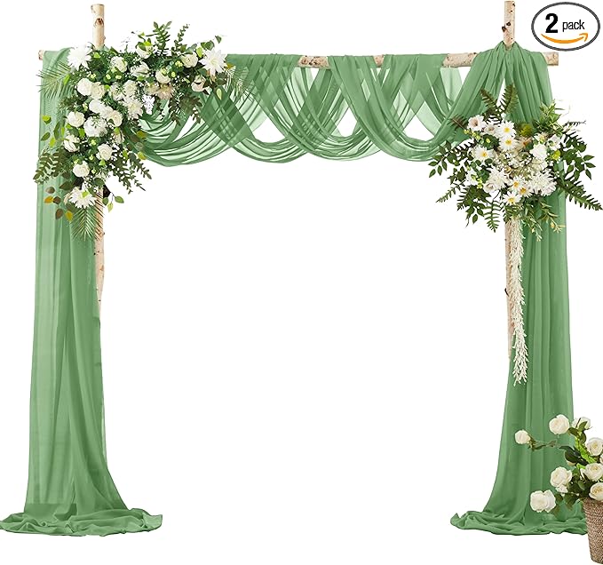 VACVELT Wedding Arch Draping Fabric Sage Green Chiffon, 2 Panels Sheer Drapes 30 Inch x 20ft Chiffon Backdrop Curtain Decor, Outdoor Sheer Drapery for Ceremony Party Ceiling
