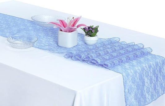 MDS Pack of 10 Wedding 12 x 108 inches Lace Table Runner for Wedding, Decorations for Birthday Parties, Banquets, Graduations, Engagements, and Runners fit Rectangle, Round Table- Baby Blue