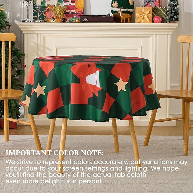 Christmas Tablecloth Round 60 Inch Waterproof, Machine Washable Checkered Polyester Table Cover for Xmas Party, Winter Holiday Home Decoration in Festive Checkered Star 1pack