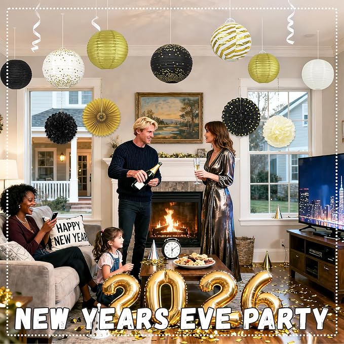 14Pcs Black and Gold Party Decorations, Hanging Paper Lanterns Fans Tissue Flower Pom Poms for Men Birthday Graduation Retirement New Years Decorations New Years Eve Party Supplies 2026