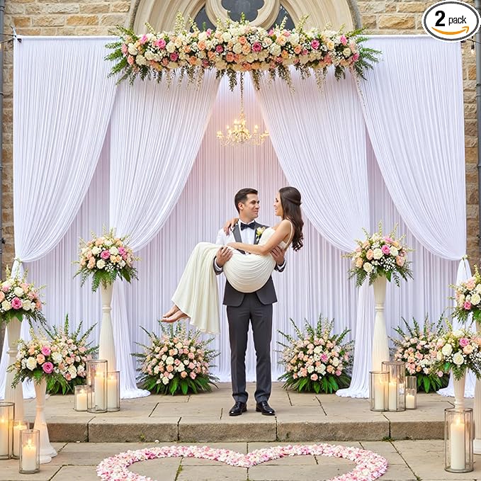 20×12ft White Wrinkle Free Backdrop Curtain for Wedding Parties, 4 Panels 5×12 ft Long Soft Silky Washable Polyester Photo Backdrop Drapes for Birthday Baby Shower Photography Background Cloth