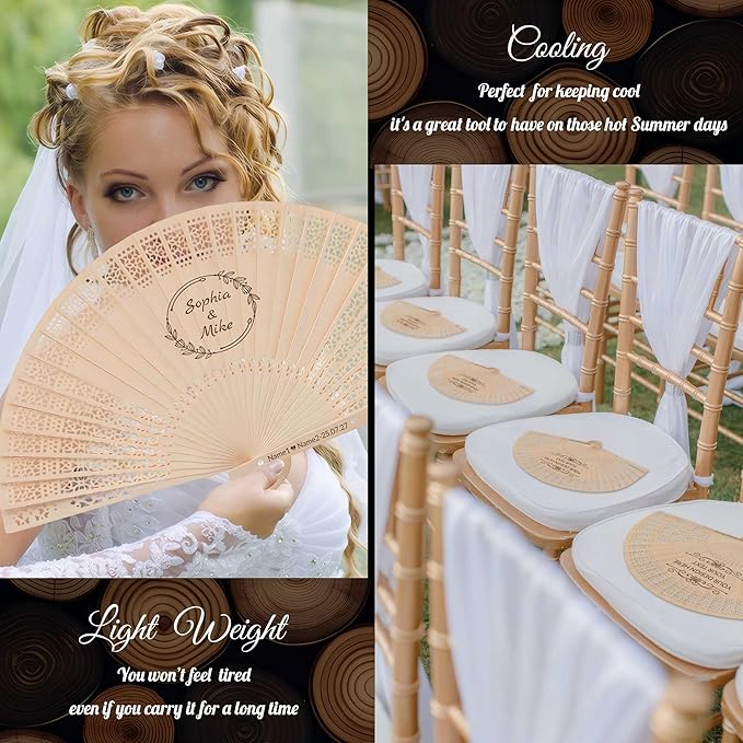 100 PCS Custom Fans Personalized Folding Fans for Line Dancing Wooden Hand Fan Wedding Favors Bulk Fans for Guests Party Event Use (Style14)