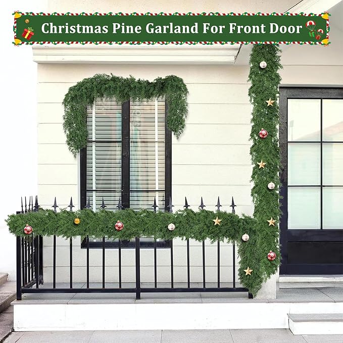 5ft Christmas Cedar Garland, Real Touch Pine Garland, Realistic Cypress Garlands Christmas Decorations for Mantel, Table, Stairs, Porch - Indoor Outdoor Xmas Holiday Decor