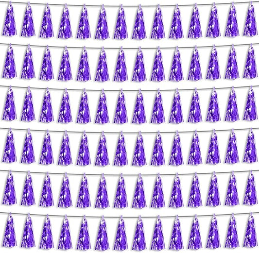 6P Purple Foil Fringe Metallic Tassel Streamers Banner Tassel Garland for Parade Floats, Bachelorette, Wedding, Birthday, Graduation, Christmas, Bridal/Baby Shower Party Decorations