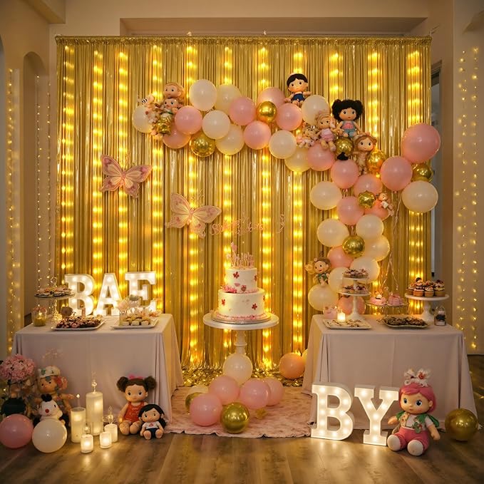 PartyVillage 30x10FT Gold Sequin Backdrop Curtain with String Lights – 6 Panels 5x10FT Sparkly Wrinkle-Free Glitter Backdrop Drapes for Birthday, Wedding, Photography, Graduation Party Décor