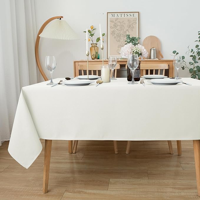 Biscaynebay Textured Fabric Tablecloths 60x108 Inches Rectangular, Ivory Water Resistant Tablecloths for Dining, Kitchen, Wedding and Parties, Machine Washable