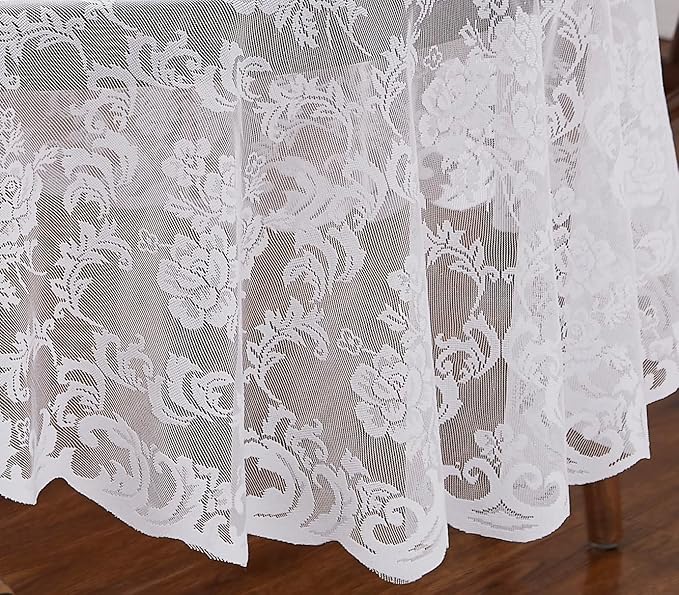 LinenZone White Round Tablecloth for Rustic Vintage Decor. Sheer Lace Tablecloth Works Great As Wedding, Thanksgiving or Christmas Decor. (Mia 90 Round, White)