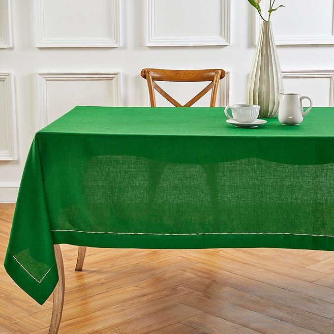 Solino Home Garden Green Linen Tablecloth 60 x 90 Inch - 100% Pure Linen Hemstitch Table Cloth for Rectangle Tables - Classic Hemstitch, Machine Washable Tablecloth for Christmas