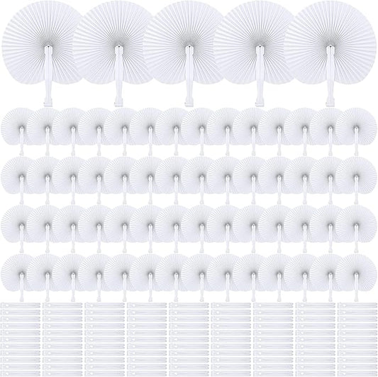 MCEAST 160 Pack Folding Wedding Paper Fans White Handheld Folding Fan Round Shaped Wedding Fans with Plastic Handle for Wedding Birthday Party Favors Supplies Home Decoration (Round)