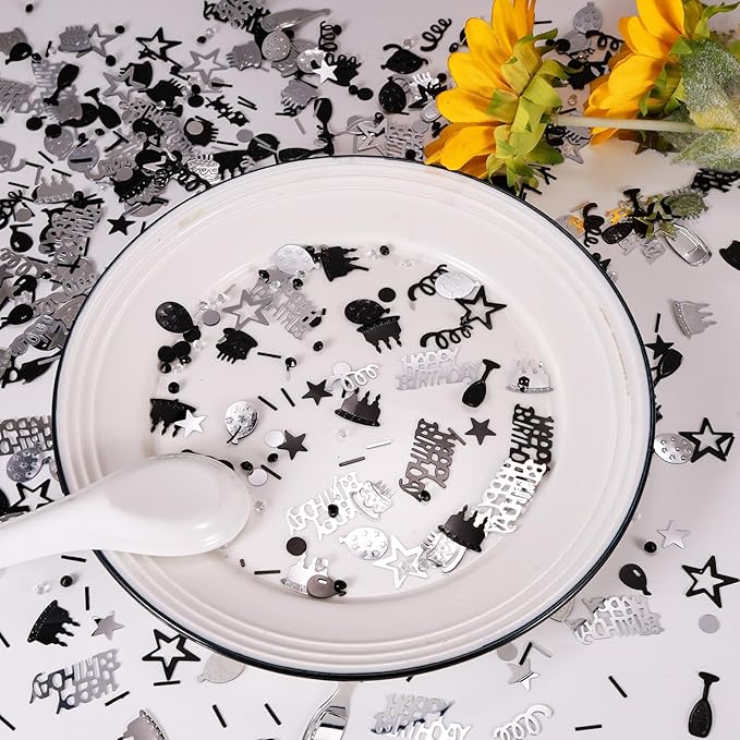 Silver and Black Happy Birthday Confetti, 3000 Pcs Birthday Cake Table Metallic Foil Confetti Party Table Decor for Party, Baby Shower, DIY Arts and Crafting