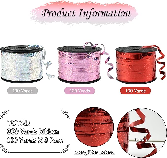 BEISHIDA Red Pink Silver Curling Ribbons Balloon String Ribbons - 3 Pack 100 Yards for Gift Warppping Valentine Day Birthday Christmas Party Decorations