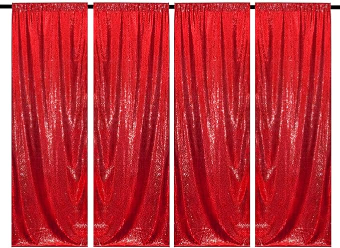 Red Sequin Backdrop Curtains 4 Panels 2FTx8FT Glitter Red Drapes Photo Backdrop Party Wedding Baby Shower Curtain Sparkle Photography Background
