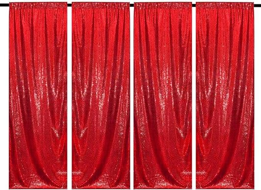 Red Sequin Backdrop Curtains 4 Panels 2FTx8FT Glitter Red Drapes Photo Backdrop Party Wedding Baby Shower Curtain Sparkle Photography Background