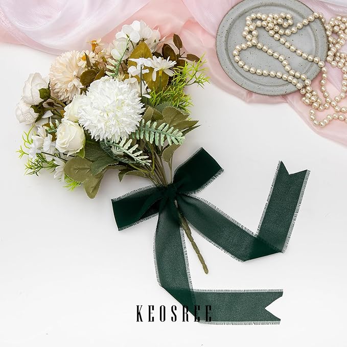 3 Rolls Dark Green Handmade Chiffon Ribbon,1.5" x 21Yd Frayed Fringe Silk Ribbons (3 Rolls *7Yd) for Gifts Wrapping, Wedding Invitations, Bridal Bouquets, Decorations