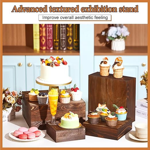 Roowest Set of 4 Wood Display Risers Rustic Cupcake Stand Rustic Wood Cake Stands Wooden Stackable Display Box for Dessert Wedding Birthday Christmas Village Party Decoration(Black Brown)