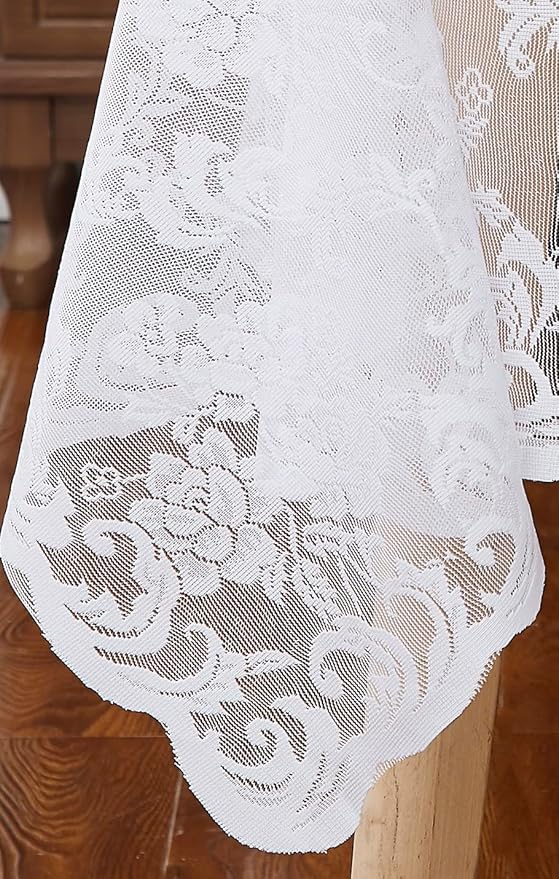 LinenZone Extra Large White Round Tablecloth for Rustic Vintage Decor. Sheer Lace Table Cloth Works Great As Wedding Tablecloth or Thanksgiving Table Cover. (Mia 132 Round, White)