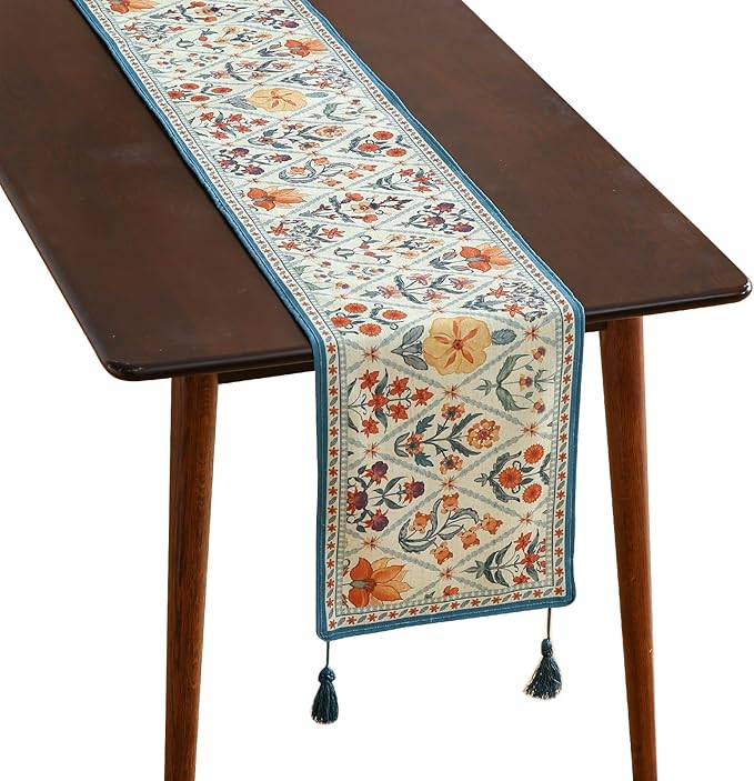 ISAENNE Designer Bohemian Elegant Linen Table Runner 87 Inches Long,Colorful Flower Pattern Table Runners for Dining Tables,Thanksgiving,Kitchen Tables,Christmas,12"*87"-Floralsea A