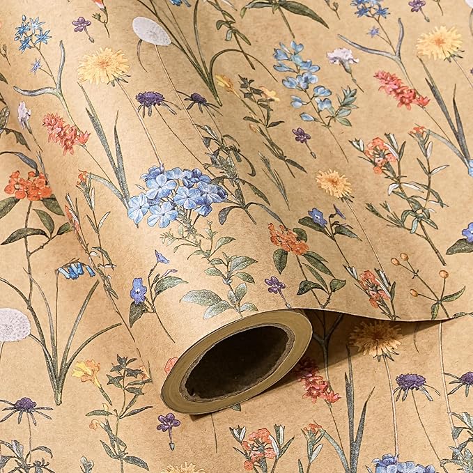 WRAPAHOLIC Kraft Floral Wrapping Paper Roll - Mini Roll - 17 Inch x 9.8 Feet - Wildflower Wrapping Paper Perfect for Girls Women Birthday, Wedding, Bridal Shower
