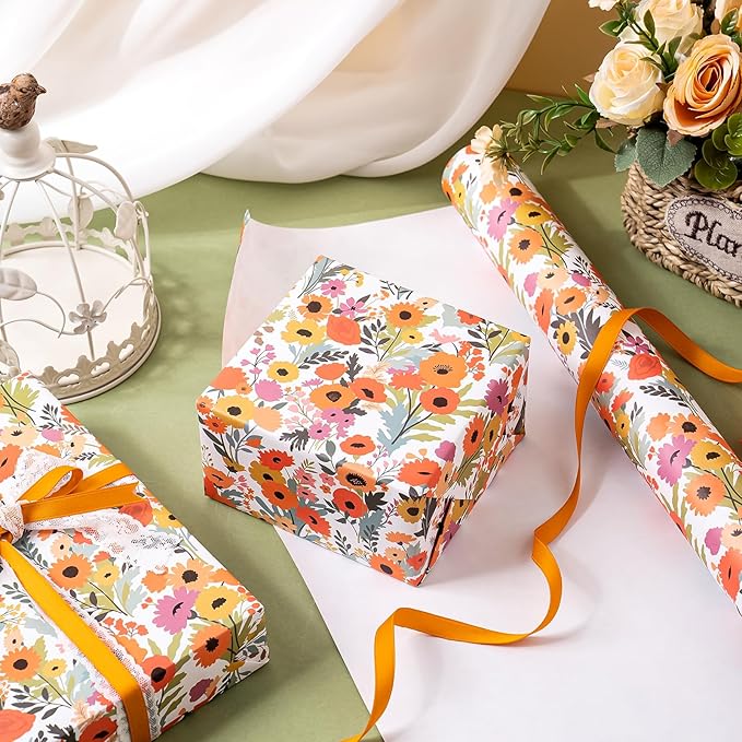 WRAPAHOLIC Kraft Floral Wrapping Paper Roll - Mini Roll - 17 Inch x 33 Feet - Bright Summer Flower Wrapping Paper, Perfect for Wedding, Birthday, Bridal Shower, Tea Party