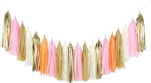 Fonder Mols 25pcs Tissue Paper Tassels Garland DIY Kit for Vintage Wedding, Rustic Girl First Birthday Decoration, Pink and Peach Baby Shower Decor A19