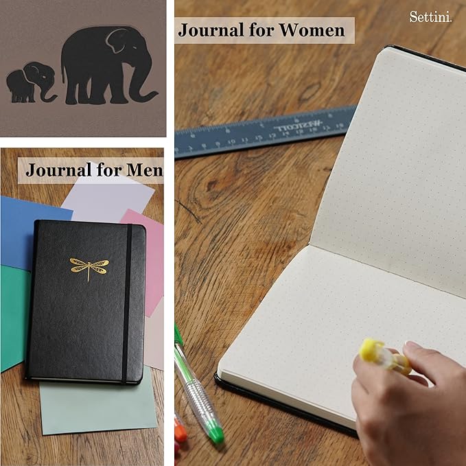 SETTINI Dotted Journal, Ideal for Bullet Journaling - A5 Vegan Leather Notebook, 192 Archival-Quality Pages, QuillEase Bleed-Free Paper, Inner Pocket & Bookmark - Elephant Gifts for Women & Men, Grey Elephants