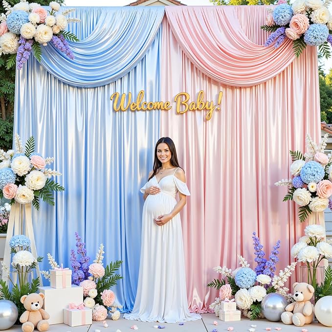 Blue Satin Backdrop Curtains 2 Panels - Glitter Photo Drapes for Baby Shower, 10x10FT Shimmer Back Drop Cloth, Wrinkle Free for Birthday Party Prom Wedding Background