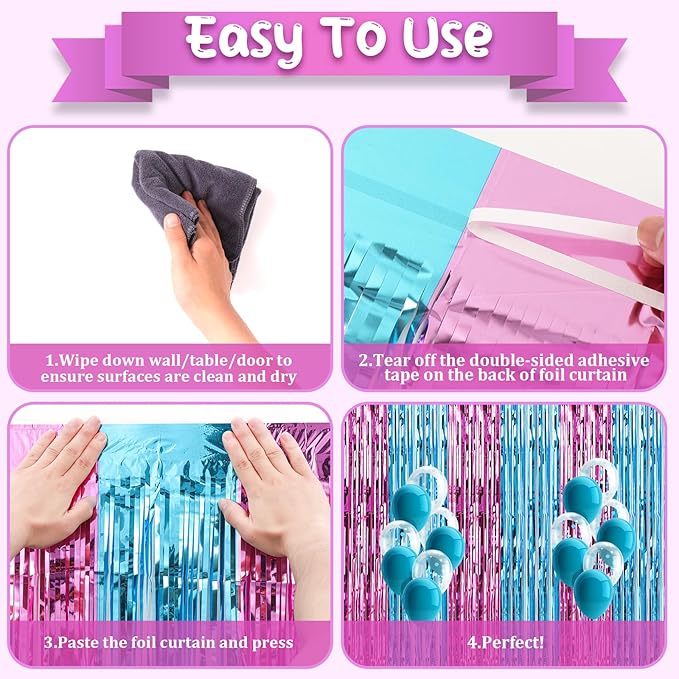 4 Pack 3.3x8.2 Feet Blue and Pink Foil Fringe Backdrop Curtains, Tinsel Streamers Birthday Party Decorations, Fringe Backdrop for Graduation, Baby Shower, Gender Reveal, Disco Party