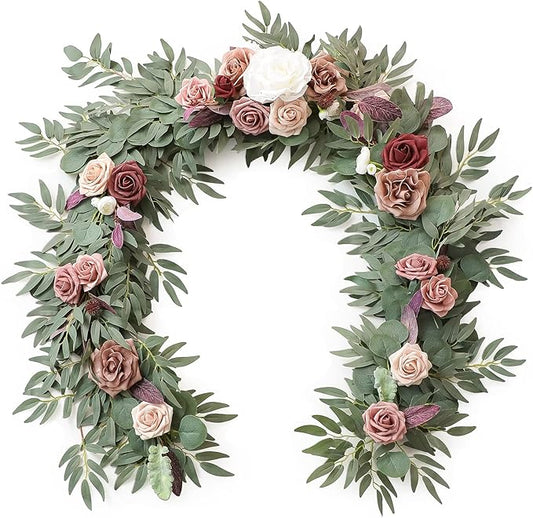 Floroom 6ft Artificial Eucalyptus Garland with Flowers Fake Greenery Faux Floral Vine Garland for Table Decor Wedding Centerpieces Bridal Shower Party Decorations, Dusty Rose & Mauve