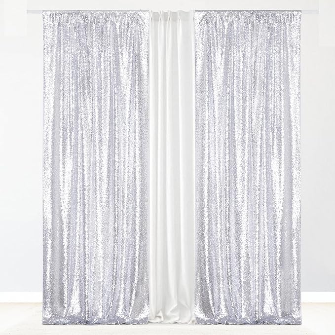 Eternal Beauty Silver Sequin Backdrop Curtains, Shimmer Back Drop 2Panels-2FTx8FT for Christmas, Party, Birthday, Photography, Wedding, Baby Shower Event Decoration