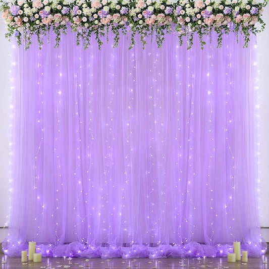Lavender Sheer Backdrop Curtain with Led Lights for Baby Shower Girls Wedding10ft X 10ft Lavender Tulle Backdrop Curtain for Bridal Shower Birthday Party Photoshoot Arch Background Decorations