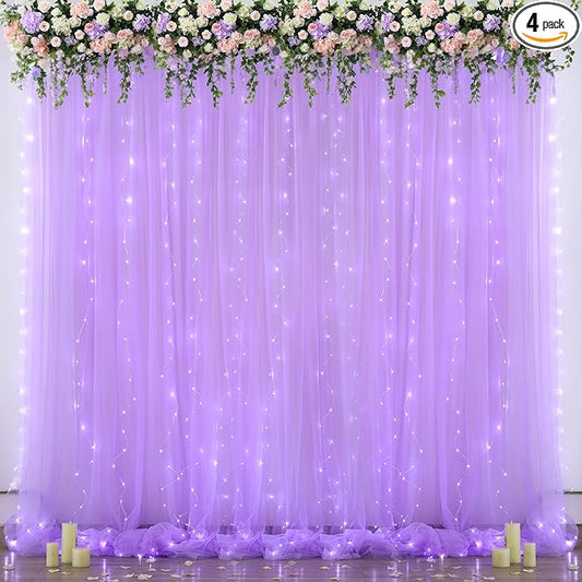 Lavender Tulle Backdrop Curtain with Lights String for Wedding Baby Shower 20×8ft Lavender Sheer Backdrop Curtain for Bridal Shower Birthday Party Photoshoot Background Decorations(4 Panels 5×8ft)