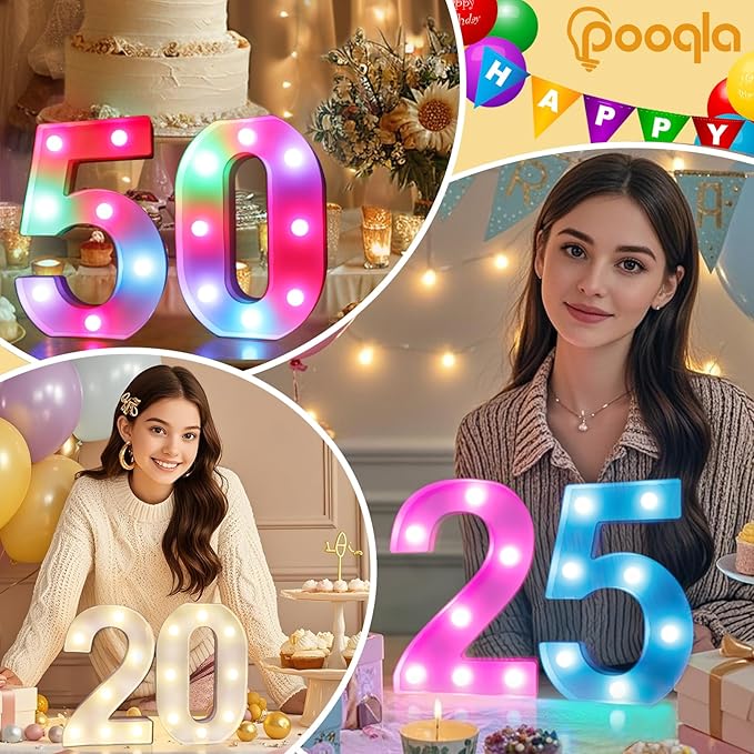 Pooqla Colorful Light Up Numbers, 35 Colors LED Marquee Number Lights for 10th Birthday Decorations with Remote, RGB Lighted Numbers for Party, Wedding, Bar, Night Light, Home Decor, Number 0