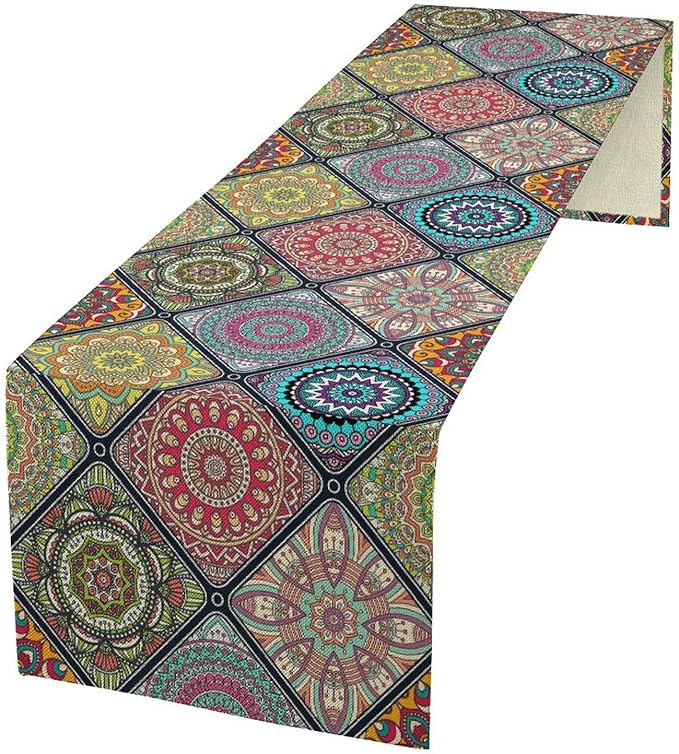 Boho Bohemian Table Runner, Vintage Indian Floral Print Table Cover for Farmhouse Kitchen Dining Table Decor Holiday Party, 13x108inch