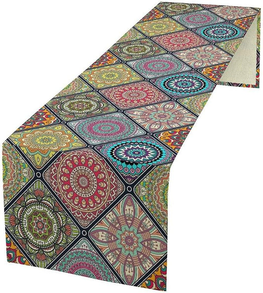 Boho Bohemian Table Runner, Vintage Indian Floral Print Table Cover for Farmhouse Kitchen Dining Table Decor Holiday Party, 13x120inch