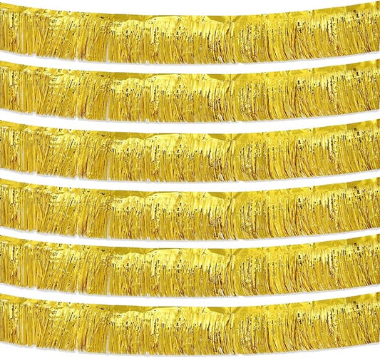 Gold Foil Fringe Garland 10FT 6packs, Metallic Foil Tinsel Fringe Banners for Parade Float Decorations Wedding, Birthday Party Graduation (six Gold)