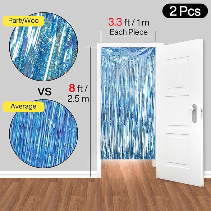 PartyWoo Foil Fringe Curtains Blue, 2 pcs 3.3x6.6 ft Blue Streamers, Fringe Backdrop, Tinsel Backdrop, Tinsel Curtain, Metallic Door Shimmer, Birthday Party Streamers, Photobooth
