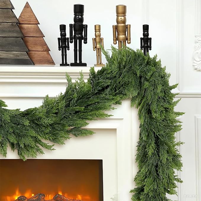 2PCS Christmas Cedar Garland 9Ft Artificial Realistic Soft and Thickness Green Faux Cedar Pine Garlands, Holiday Xmas Decoration Stairs Wall Mantle Door Indoor Outdoor(2pcs, 9ft)