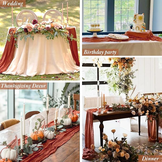 12 Pack Fall Table Runner Terracotta Cheesecloth Table Runner 35x120 Inch Rust Gauze Burnt Orange Cheese Cloth for Wedding Baby Bridal Shower Party Centerpiece Sheer Thanksgiving Fall Decorations