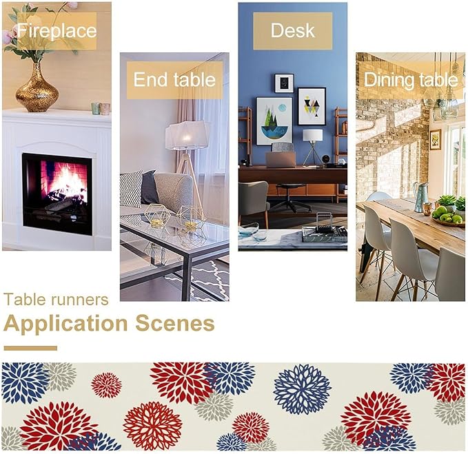 4th of July Table Runner, Blue Red Dahlia Flower American Patriotic Memorial Day Table Runner for Farmhouse Kitchen Dining Table Party Decor, 13x90inch