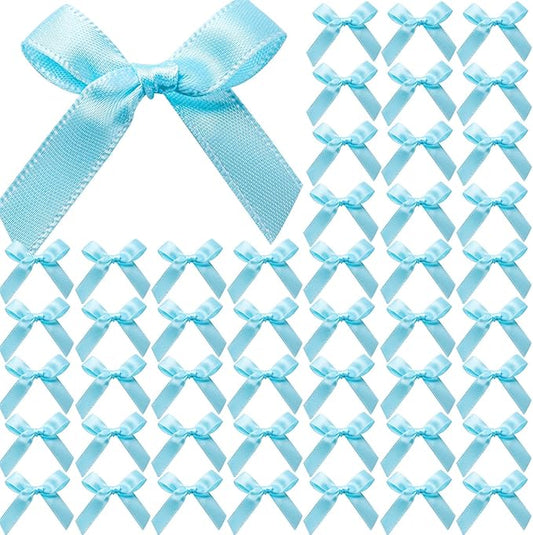 YGDZ 50 PCS Mini Blue Bows, Light Blue Satin Ribbon Bows, Small Bows for Crafts, Tiny Bow for Baby Shower, Party Decorations, Balloon, Gift Box Packaging