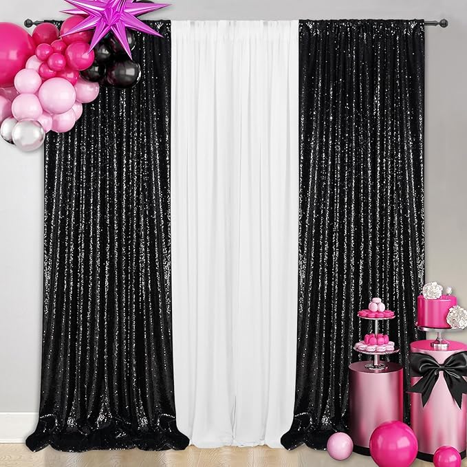 SquarePie Sequin Backdrop Curtain 2FT x 8FT Black for Halloween Party 2 Panels