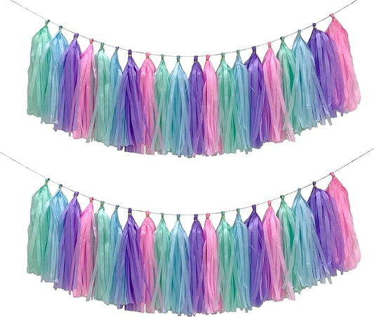 Blue Purple Mint Green Pink Tissue Paper Tassel Garland,Tissue Tassel Banner for Party Decorations,Pack of 20