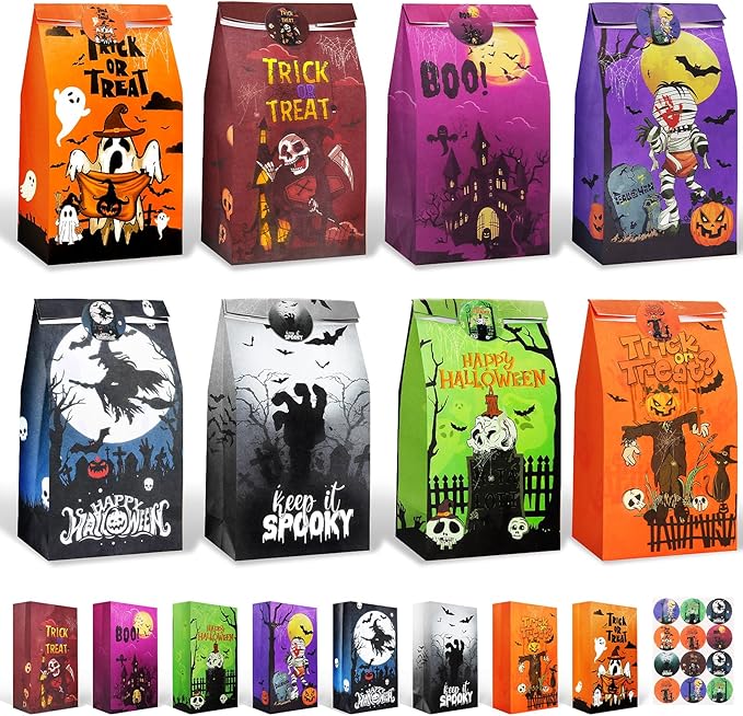 Halloween Treat Bags - 32Pcs Halloweens Trick or Treat Goody & Goodie Bag for Candy with Stickers, Halloween Party Favors Paper Trick or Treating Gifts Bags Halloween Candy Bags Party Supplies